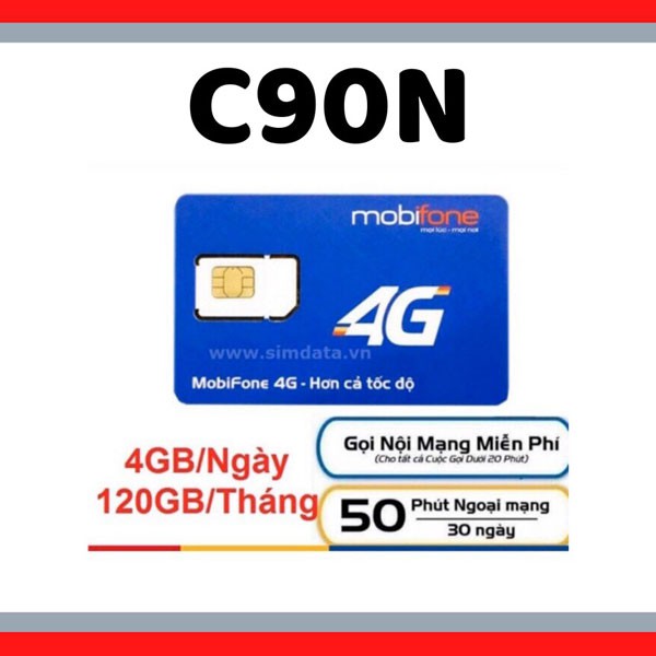 Sim Mobifone C90N 4G/Ngày -90k/Tháng - miễn phí 1 tháng - 120GB DATA TỐC ĐỘ CAO - MIỄN PHÍ GỌI
