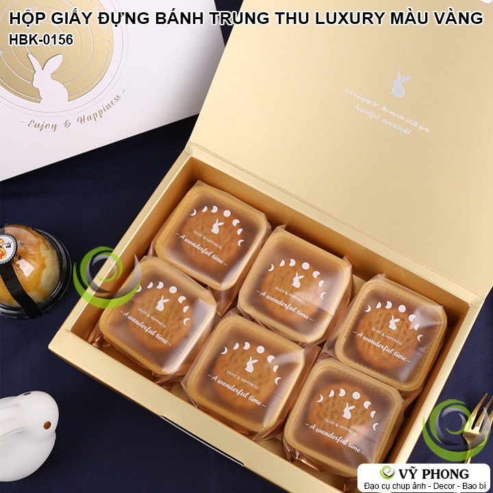 HỘP GIẤY ĐỰNG BÁNH TRUNG THU MÀU VÀNG LUXURY NẮP MỞ VÀ BAO NGOÀI IN HÌNH THỎ HỘP QUÀ TẶNG DỊP LỄ TẾT HBK-0156