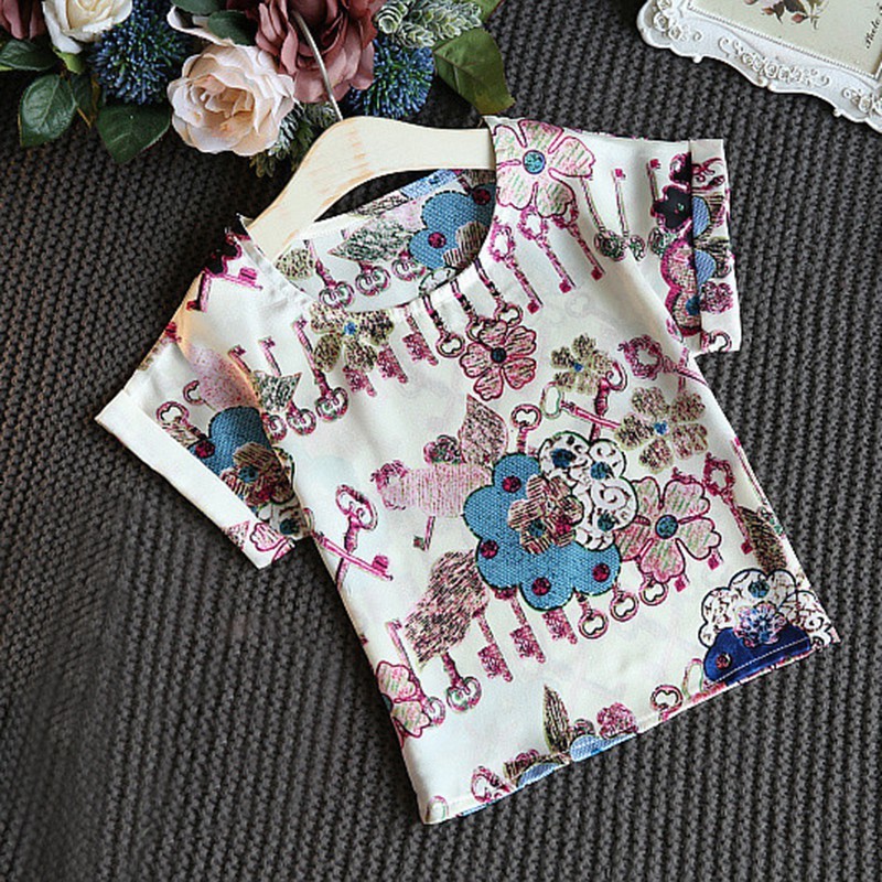 Set áo ngắn tay in hoa + quần dài cho bé gái