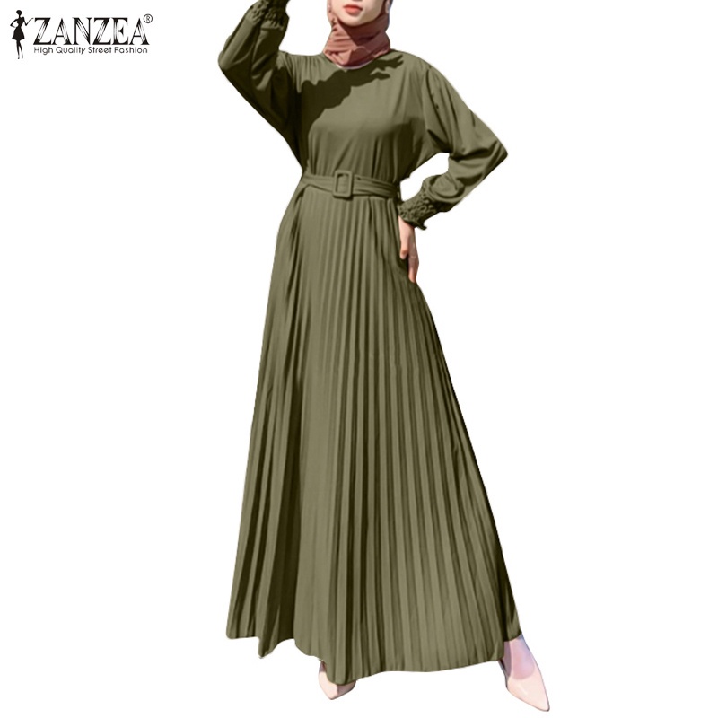 Đầm dài ZANZEA tay dài cổ tròn nhiều tầng có thắt lưng thời trang Hồi giáo cho nữ