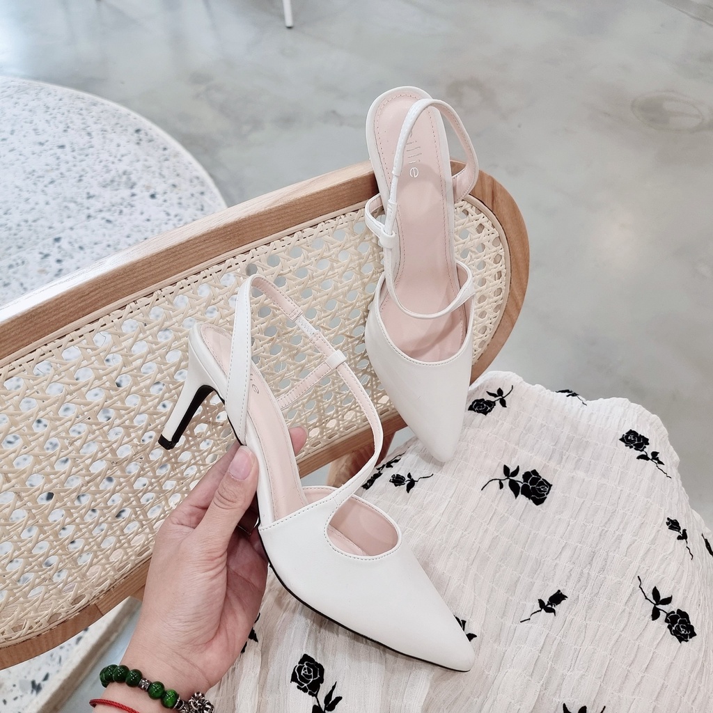 Giày cao gót nữ mũi nhọn bít mũi 7cm Cillie dáng sandal slingback dây chéo cổ chân thời trang công sở, đi tiệc 1031
