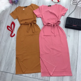 Đầm thun cổ đắp chéo cột eo
