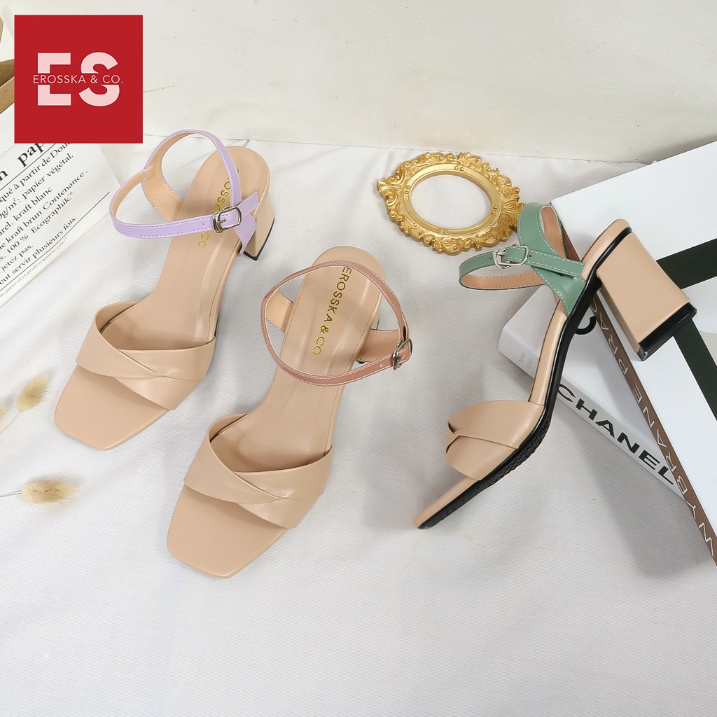 Giày sandal cao gót Erosska thời trang mũi vuông quai ngang bắt chéo cao 7cm màu xanh - EB020 | BigBuy360 - bigbuy360.vn