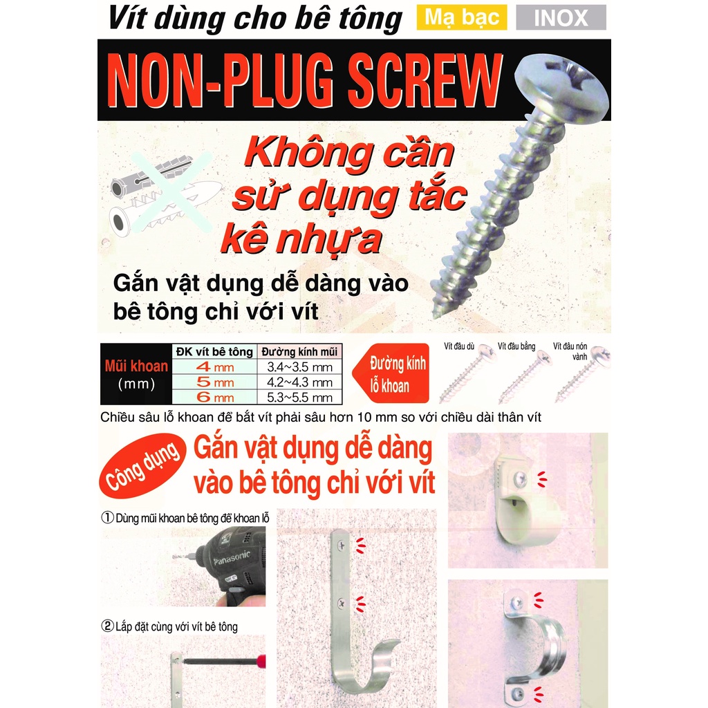 Ốc vít bắt tường không cần tắc kê Unika 4x32mm, bê tông  mã PW32