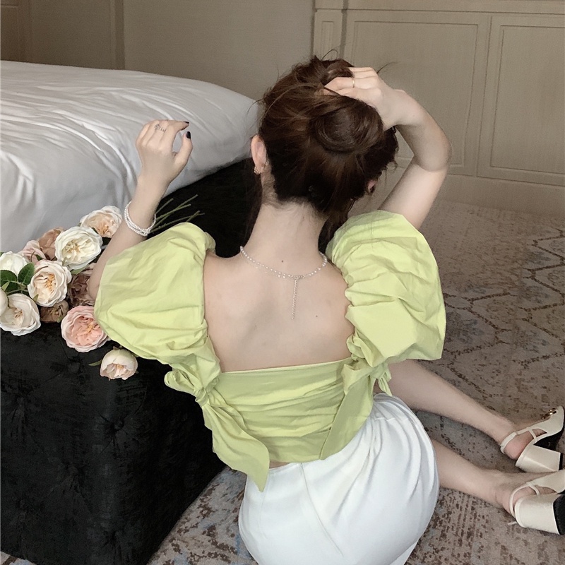 SUXI Áo Tay Phồng Ngắn Cổ Vuông Màu Sắc Đơn Giản Thời Trang Mùa Hè Cho Nữ