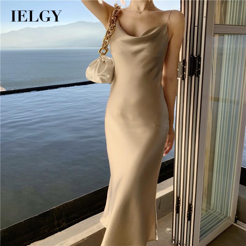 IELGY       Đầm Không Tay Hở Lưng Thời Trang Đi Biển Kiểu Pháp Cho Nữ