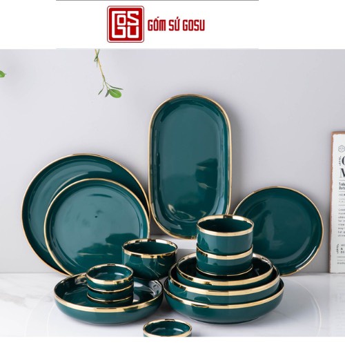 Bán Lẻ Bộ Bát Đĩa Cao Cấp Gosu Chén Đĩa Decor Xanh Ngọc Viền Vàng 26 Chi Tiết Phong Cách Bắc Âu