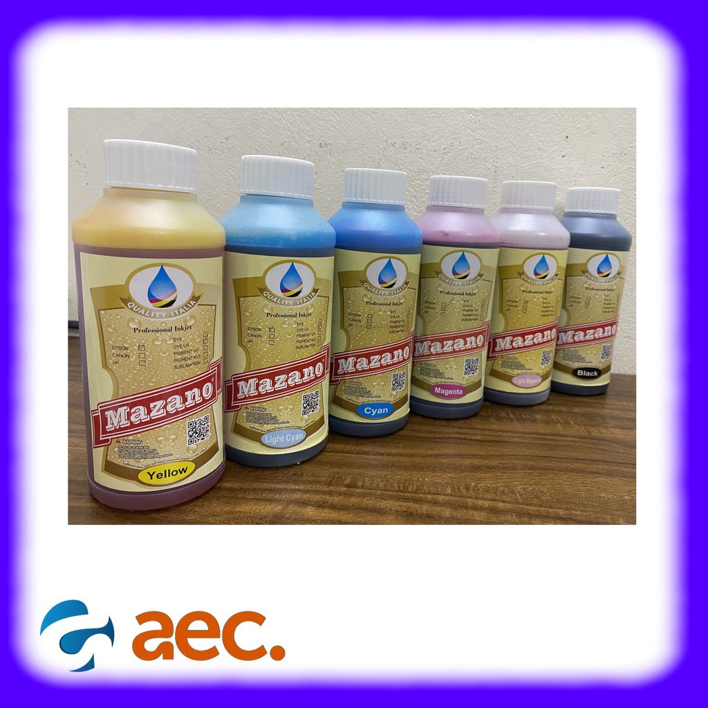 Bộ 6 chai mực Dye UV chống nước, chống bay màu thương hiệu Mazano chai 1 lít gồm 6 màu cho máy in Epson