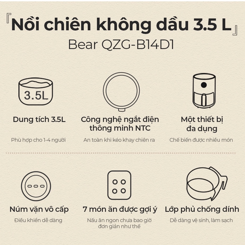 [Mã ELHADEV giảm 4% đơn 300K] Nồi chiên không dầu 3.5L 1400W Bear QZG-B14D1 - Chính hãng - BH 18 tháng