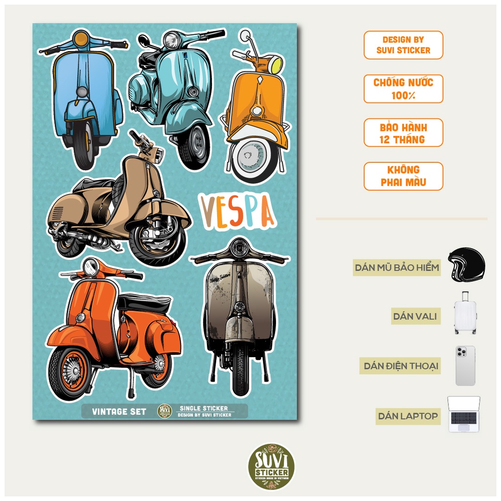 STICKER LẺ - Sticker Vespa dán mũ bảo hiểm, laptop, điện thoại, vali. MSP: SS06