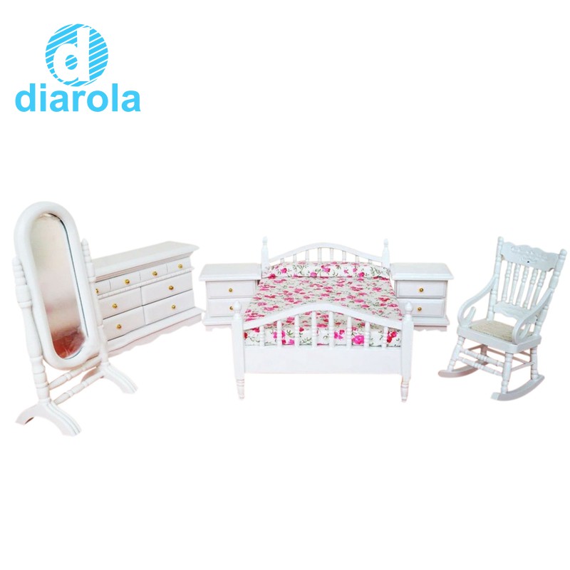 Bộ đồ dùng nội thất phòng ngủ 6 món mini dùng trang trí nhà búp bê