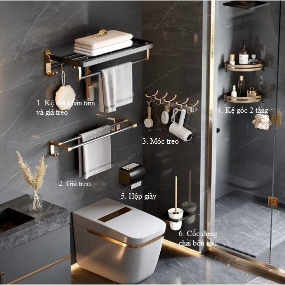 Bộ phụ kiện nhà tắm 6 món chất liệu hợp kim nhôm mạ đồng, với 2 màu sắc lựa chọn đen và vàng