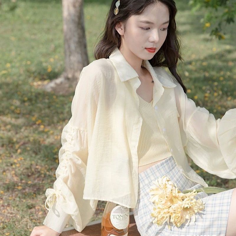 Áo Sơ Mi Chiffon Mỏng Dáng Rộng Tay Dài Màu Vàng Cho Nữ