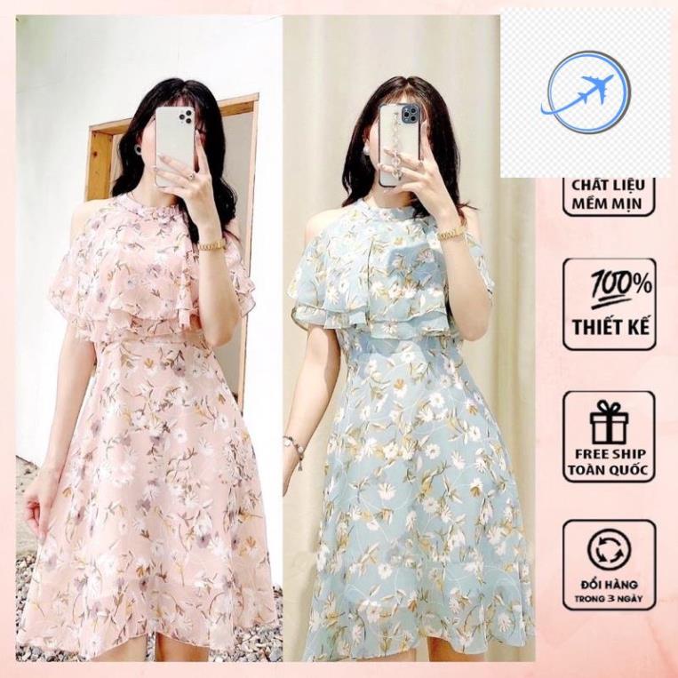 Váy Nữ Hoa Nhí Xanh Ngọc Khoét Vai,Đầm Nữ, Đi Biển, Đi Chơi Chất Liệu Voan Lụa Váy 2 Lớp LINSTORE Thiết Kế