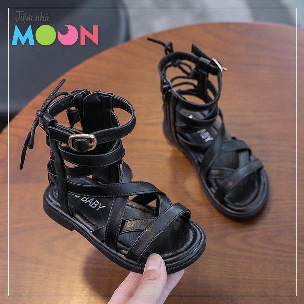 Giày sandal chiến binh bé gái cổ cao, dây đan chéo, khoá sườn, da PU siêu mềm - TIỆM NHÀ MOON