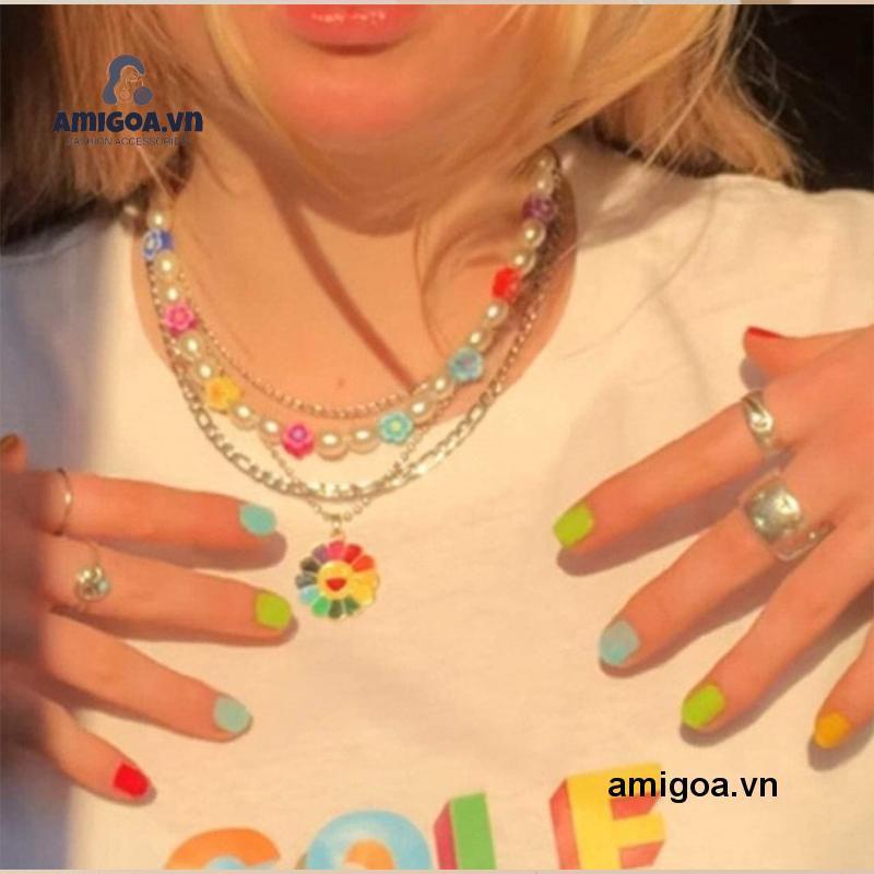 ✨✨Dây chuyền ngọc trai đính cườm đầy màu sắc Hàn Quốc vòng cổ nữ