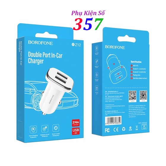 Tẩu sạc xe hơi Borofone BZ12 sạc nhanh 2.4A có 2 cổng USB chính hãng