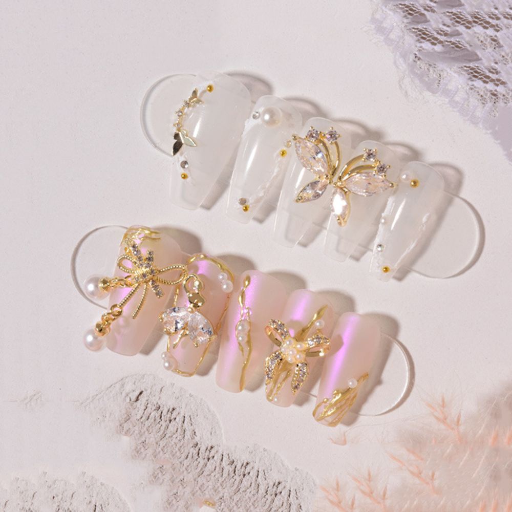 [Hàng mới về] Hạt đính móng tay thời trang nghệ thuật hình nơ 3D kim loại phối ngọc trai phong cách Nhật Bản