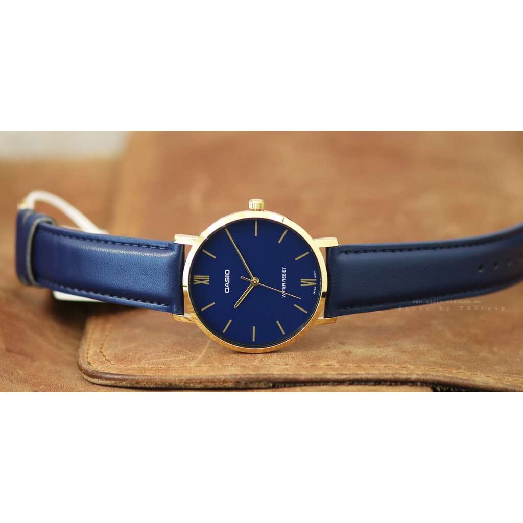 Đồng hồ Nam Casio MTP-VT01GL-2B, đồng hồ chính hãng, dây da trơn xanh mặt xanh, viền vàng