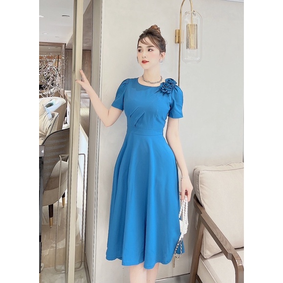 Đầm/váy công sở dáng xoè nơ đôi trái hoa mẫu đơn màu xanh dương sáng