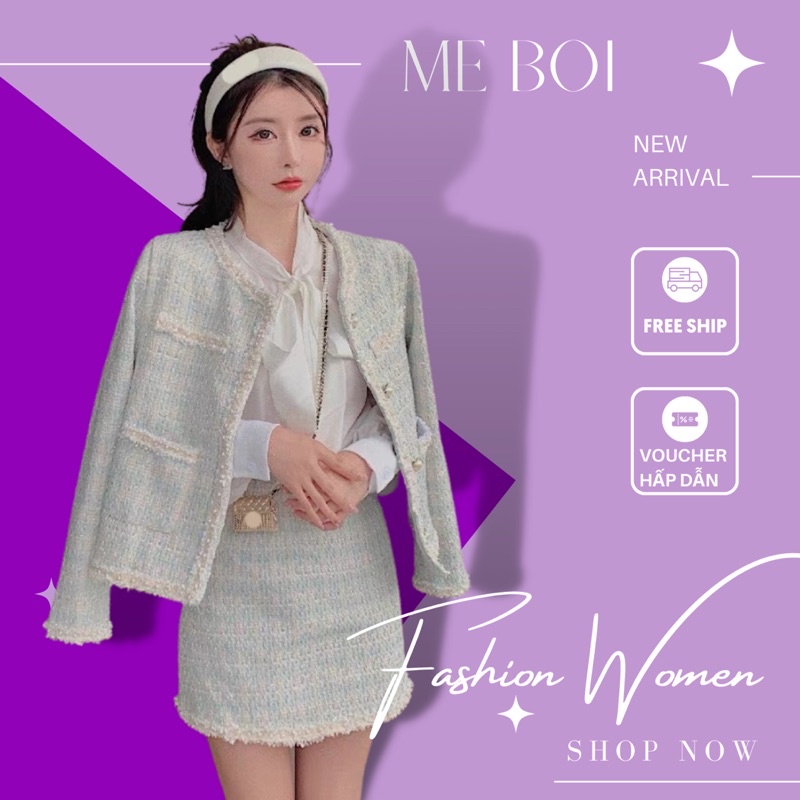 Set dạ tweed siêu xinh phong cách tiểu thư hàng Quảng Châu cao cấp có