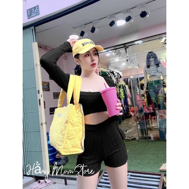 Set Bộ 3 Món Áo Croptop Dây Bản To Short Siêu Cao Kèm Khoác Dài Gân Xương Cá