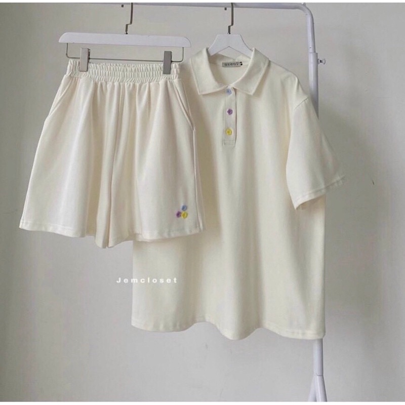 Bộ polo uzzang gồm áo polo kèm quần short tay lỡ chất cotton tăm dày dặn