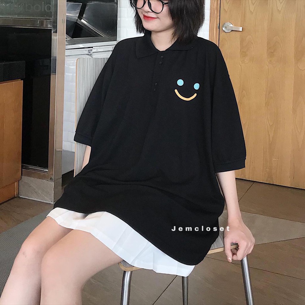 Áo Polo Nữ Tay Lỡ JEM CLOSET Thiết Kế Basic In Họa Tiết Mặt Cười Áo Thun Nữ Form Rộng APP 2 Màu Đen Trắng Siêu Cute10039