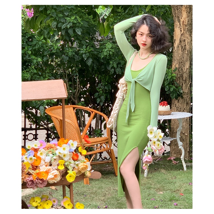 Set Áo Khoác Mỏng + Váy 2 Dây Body Xẻ Hông Sling Dress Style Retro Cho Nữ