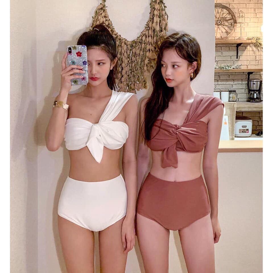 Bikini nữ bộ bơi hai mảnh áo xoắn ngực quần cạp cao
