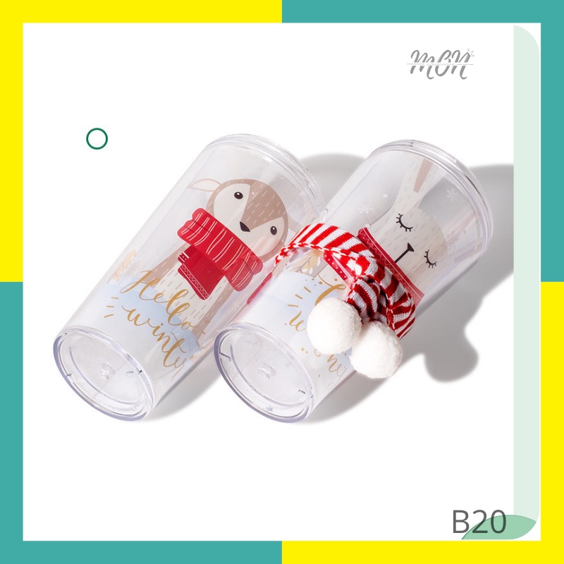 🌸sẵn🌸 Ly nước giữ nhiệt 2 lớp nhựa an toàn họa tiết noel thỏ và hươu - B20