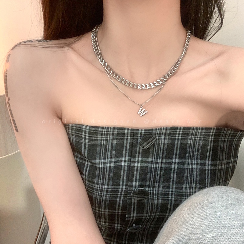Vòng cổ Hai Lớp Mặt Chữ W Phong Cách hip hop Đơn Giản