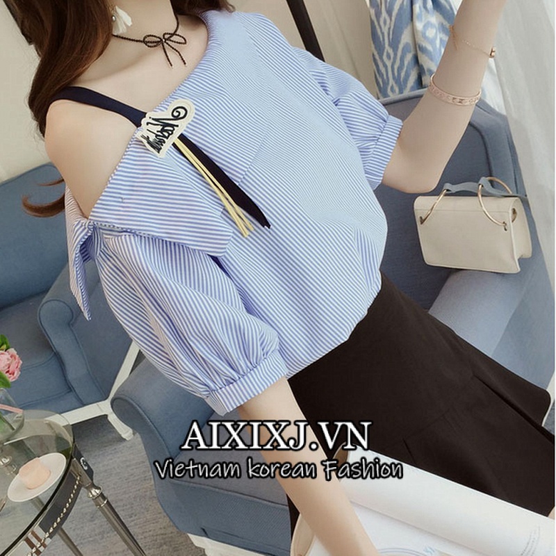 Áo Nữ Trễ Vai Ngắn Tay Họa Tiết Sọc Thời Trang