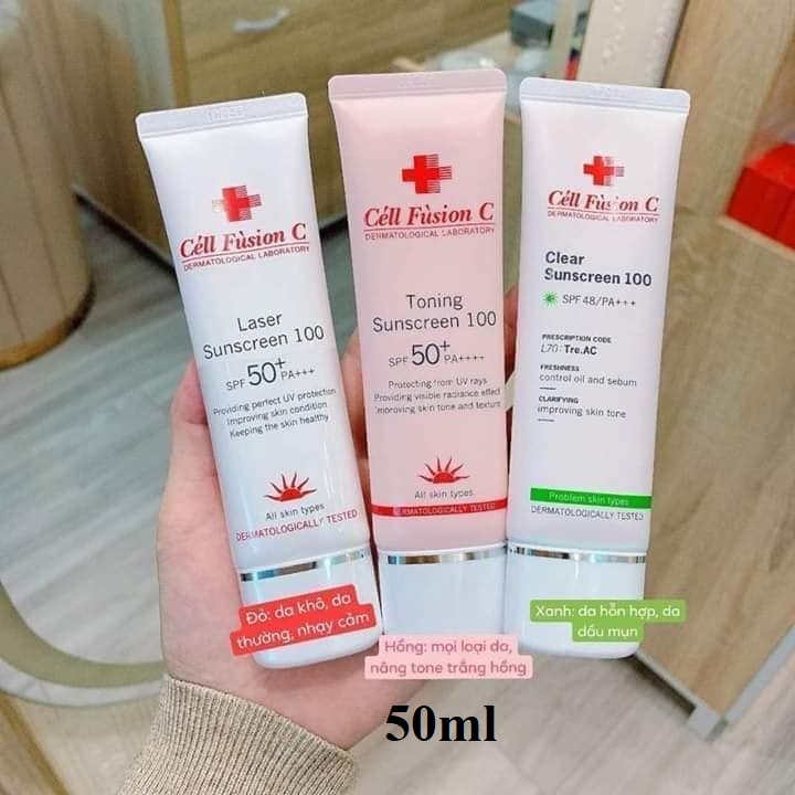 Kem Chống Nắng Cell Fusion C nâng tone trắng hồng Laser / Clear / Toning Suncreen Đỏ / Xanh