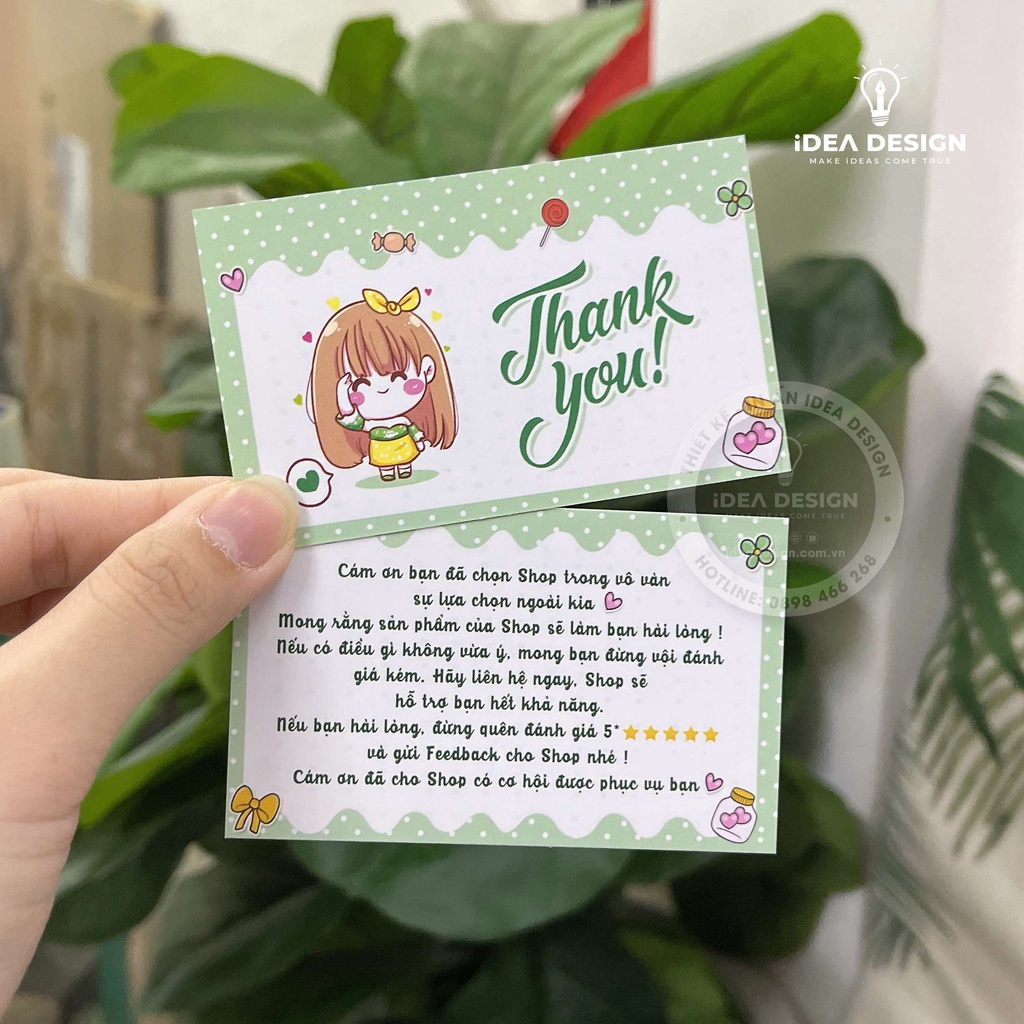 Card Cám Ơn, Card Thank You, Thiệp Cảm Ơn - Size 9x5,4cm - Giấy C300 Cán Màng Mờ 2 Mặt Hình Cô Gái Dễ Thương 4 Màu