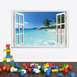 Decal dán tường hình cửa sổ bãi biển
