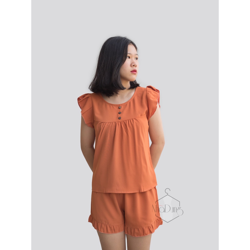 Đồ bộ nữ mặc nhà cánh tiên vải đũi không nhăn 3 nút Nhã Dung Store siêu mát mẻ kiểu dáng dễ thương dưới 65kg