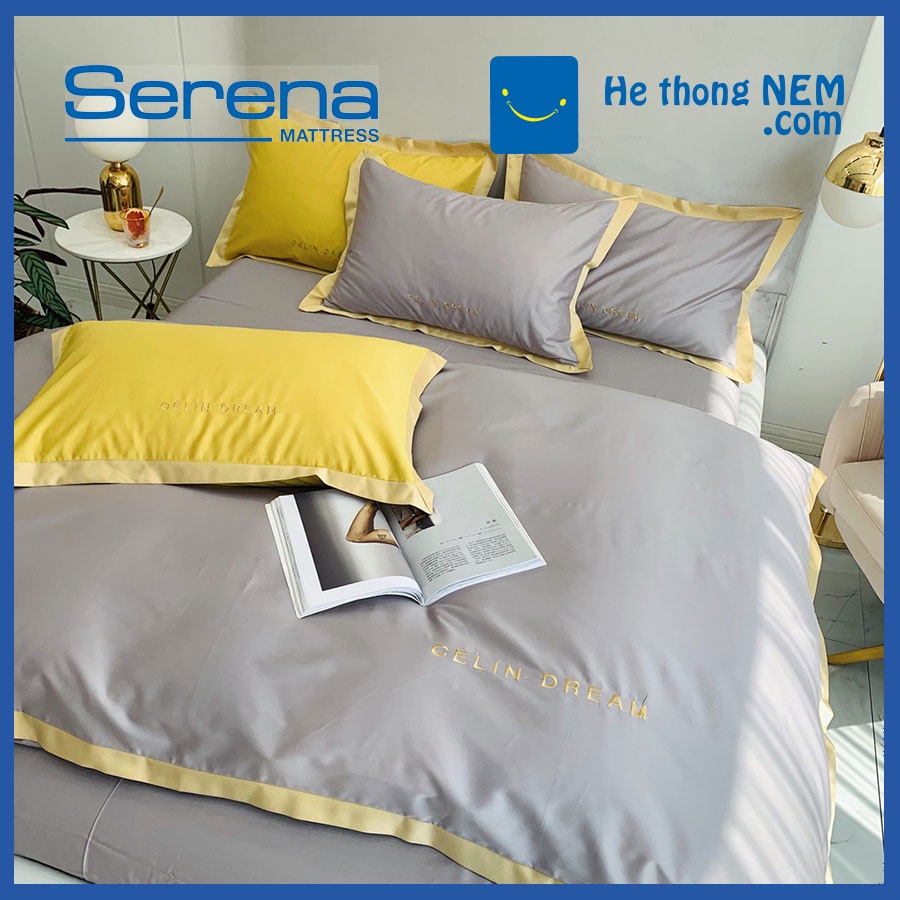 Bộ Chăn Ga Gối 5 Món Lụa Pháp SERENA Chăn Ga Gối Đệm Drap Trải Giường Cao Cấp - Hệ Thống Nệm