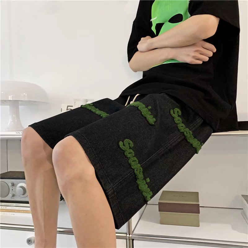 Quần Short Jean Ống Rộng Thêu Chữ Thời Trang Mùa Hè Dành Cho Nam