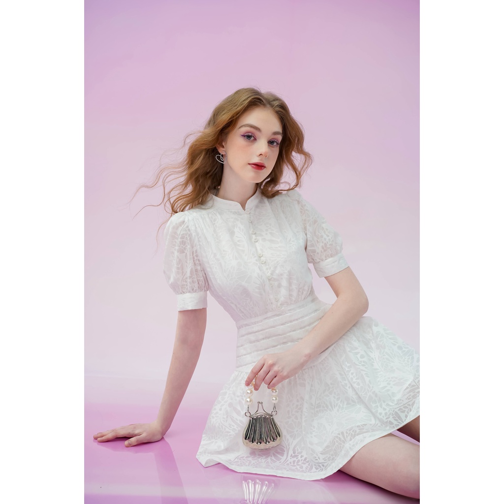 Váy liền nữ Méo shop kiểu Hàn ngắn tay cổ tàu hoạ tiết hoa dáng xòe Cerin