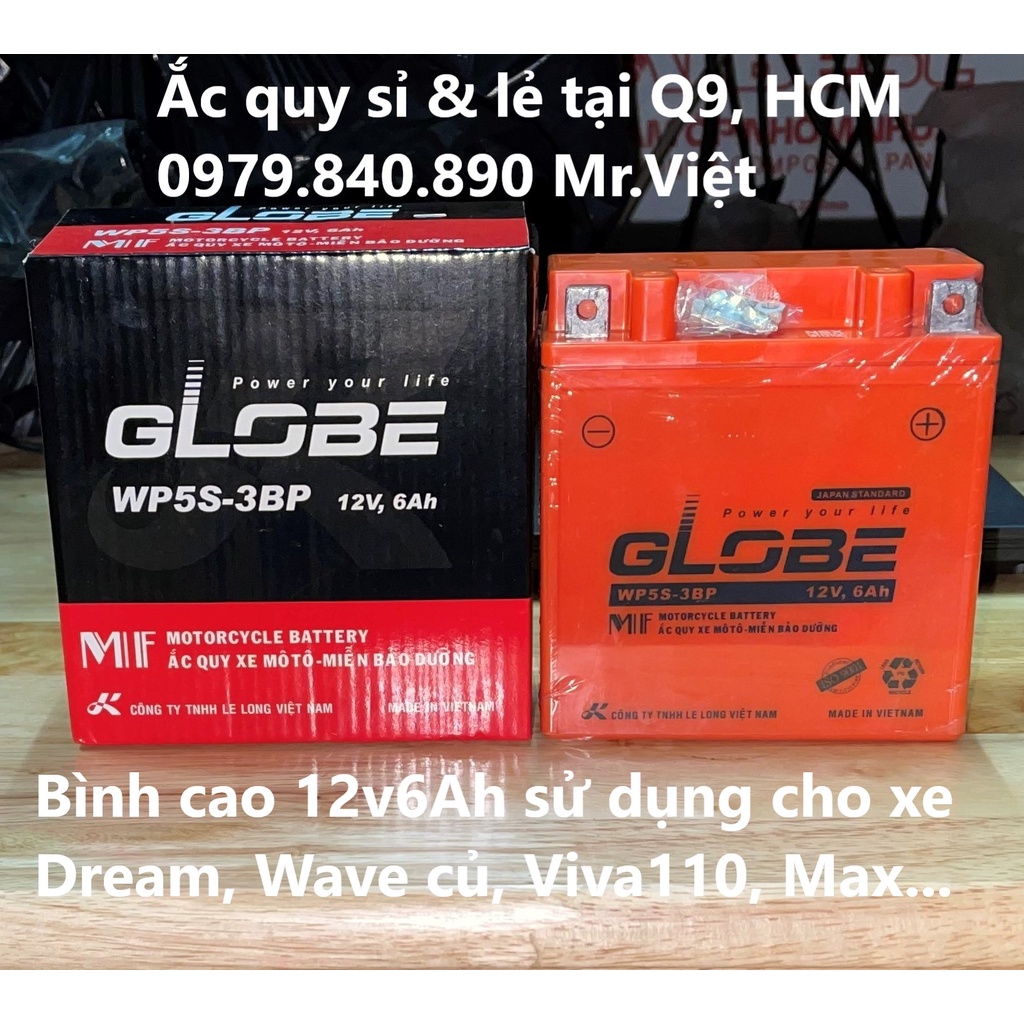 Bình Ắc Quy Khô Globe WP5S-3PB 12v6Ah - Kích thước (mm): 121 x 62 x 131 ( Dài x Rộng x Cao )