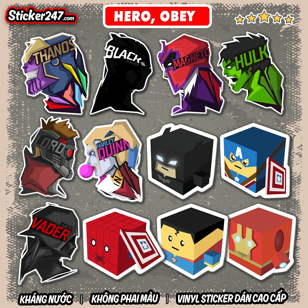 Sticker Hero, Siêu Anh Hùng, Obey 𝑭𝒓𝒆𝒆𝒔𝒉𝒊𝒑 chống nước, sticker dán laptop, điện thoại, đàn, mũ bảo hiểm, vali
