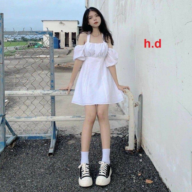 Váy cổ yếm buộc dây ulzzang Tay Bồng Nhún NgựcĐầm yếm trắng đen dự tiệc dáng xoè Vintage Tiểu Thư Bánh bèo dự tiệc