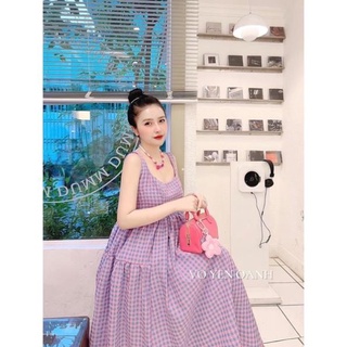 váy kẻ tím bbd 2 dây dáng xoè dài