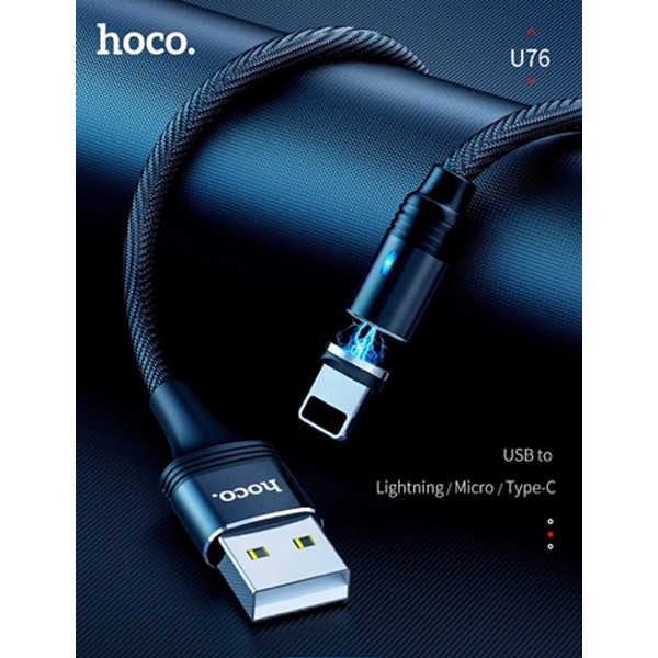 Cáp sạc nam châm Hoco U76 USB dành cho ip6/7/8/9/10 sạc nhanh tối đa 2A, có đèn LED, dành cho iP/iPad/Airpod, dài 1.2m