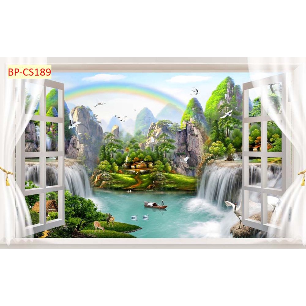 Tranh dán tường 3D khung cửa sổ sang trọng, lịch sự chủ đề biển nước, hồ xanh mát
