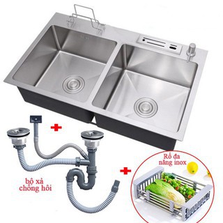 Chậu Rửa Chén Bát Inox 304 Đúc Kích Thước 8245cm Có Cài Dao, Gác Thớt (tặng rổ rút)