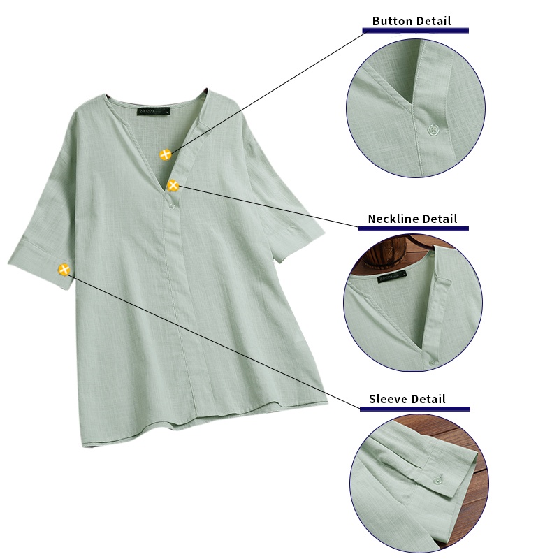 Áo kiểu Zanzea tay 3/4 cổ chữ v màu trơn thời trang dành cho nữ