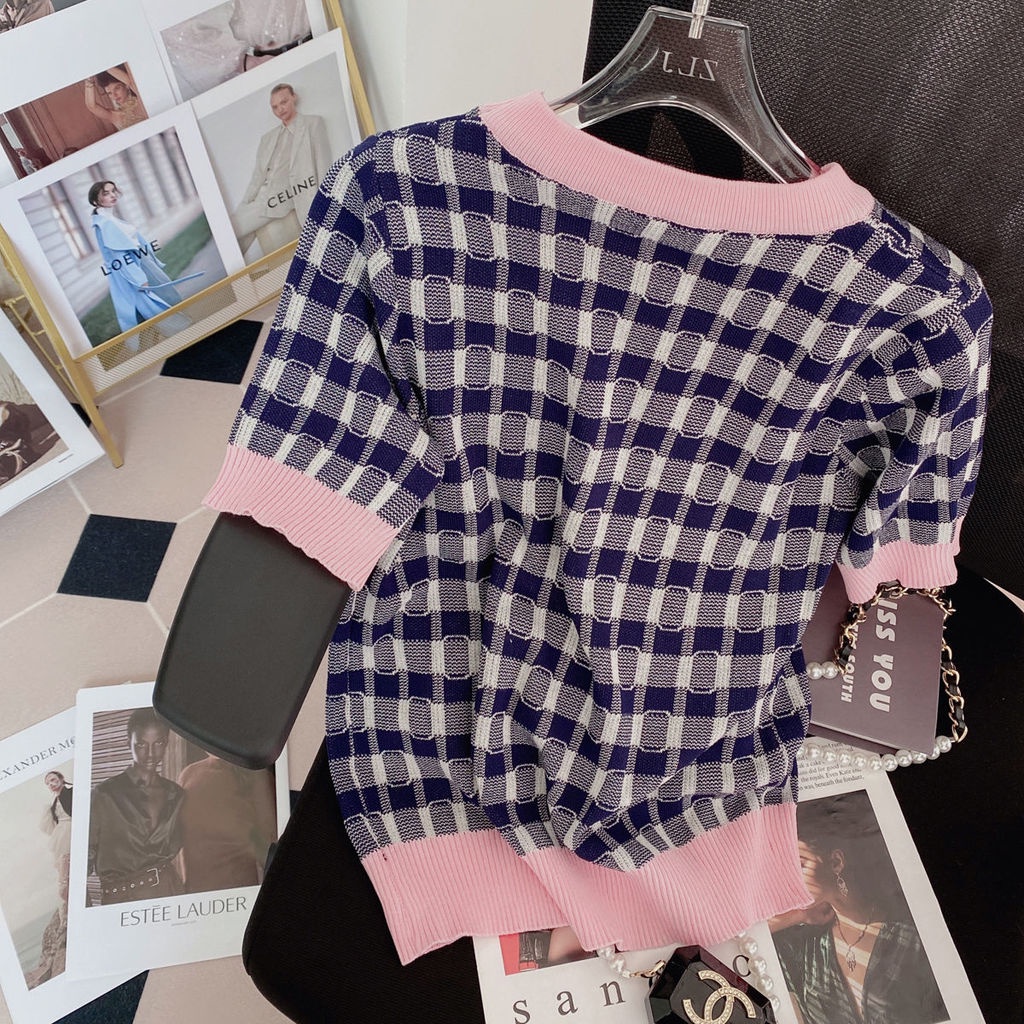 AMOI Áo Thun Tay Ngắn Họa Tiết Sọc Caro Đính Kim Sa Xinh Xắn Cho Nữ