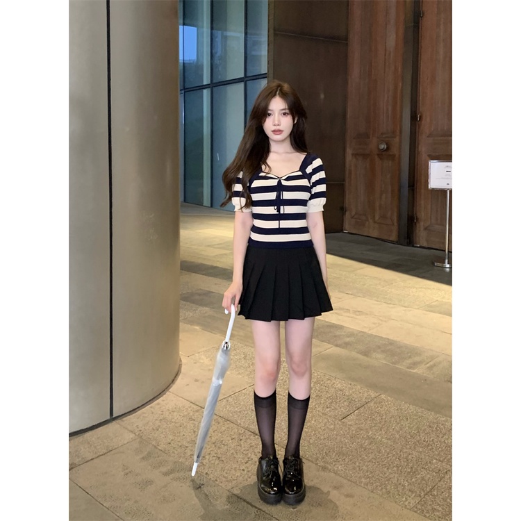 Áo thun ZHELIHANGFEI tay ngắn thiết kế trễ vai hoạ tiết sọc